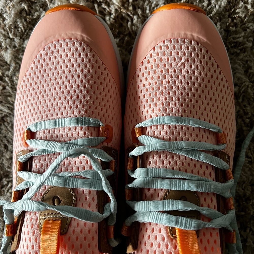 OluKai Women's Pink Mesh Sneakers with Light Blue Laces and Orange Accents